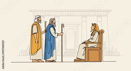 Scene from the Bible with Moses confronting Pharaoh in the Old Testament, depicting Moses and Aaron speaking to the ruler. Scene illustrates significant moment from Old Testament,