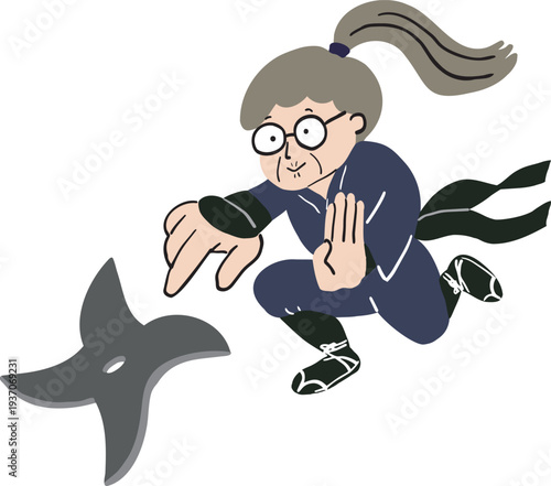 ひざまづいて手裏剣を投げる忍者