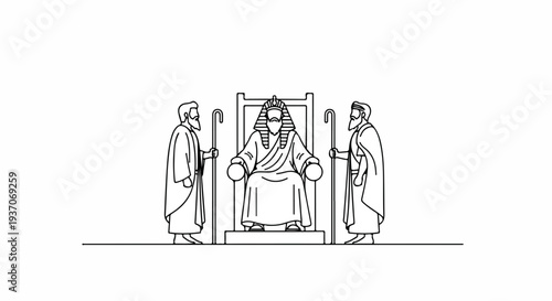 Scene from the Bible featuring Moses and figures discussing Old Testament events in front of symbolic throne. Scene highlights biblical teachings and narratives,