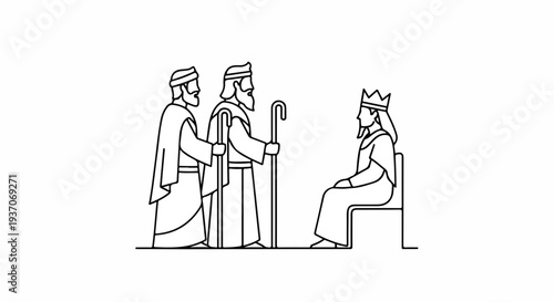 Scene from the Bible showing Moses speaking to the Pharaoh with two figures in robes standing before the seated ruler.