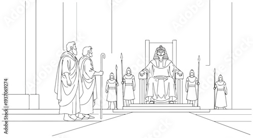 Scene from the Bible featuring Moses speaking before a king in ancient setting, depicting old testament story with figures in robes and staffs.