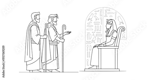 Scene from the Bible with Moses addressing Pharaoh in ancient Egypt. Moses stands with staff, presenting a message while Pharaoh listens on throne.