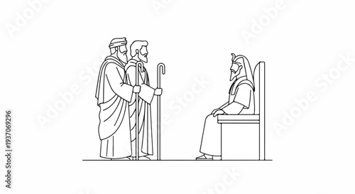 Scene from the Bible depicting Moses conversing with figures in the Old Testament as he stands before a seated leader.