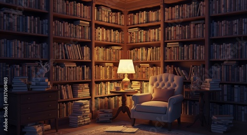 Pixelated Cozy Library Corner with Warm Lighting and Armchair