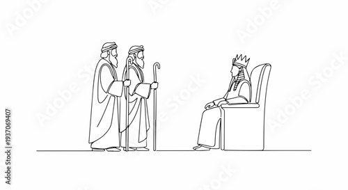 Scene from the Bible with Moses and leaders before king. Biblical representation shows Moses with staff alongside leaders presenting to king seated on throne.