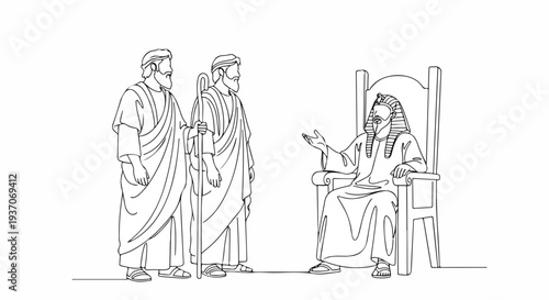 Scene from the Bible with Moses speaking to two figures in conversation. Old Testament depiction of Moses delivering wisdom while seated on a throne.
