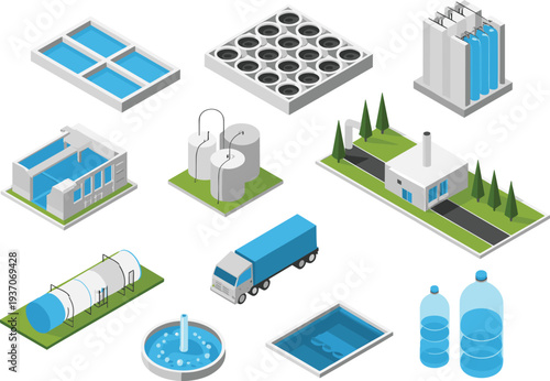 Isometric municipal water treatment and distribution plant vector illustration with filtration tanks, purification systems, delivery truck and bottled water