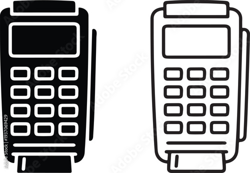 Two black and white outline icons depicting portable payment terminals or pos systems