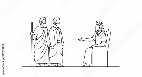 Scene from the Bible with Moses and Pharaoh discussing freedom of Israelites. Old Testament illustration depicts significant moment of conversation and negotiation.