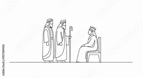 Scene from the Bible with Moses and figures in Old Testament meeting a king on his throne. Old Testament narrative features Moses talking with important figures, conveying wisdom.