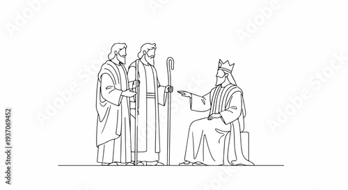 Scene from the Bible with Moses and other figures from Old Testament conveying profound lessons. Depiction of Moses discussing faith with a king and another prophet.
