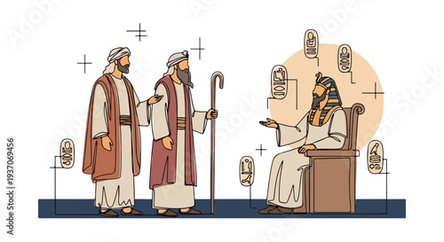Scene from the Bible with Moses and Pharaoh conversing, Moses holding a staff discussing important matters with Pharaoh seated on throne,