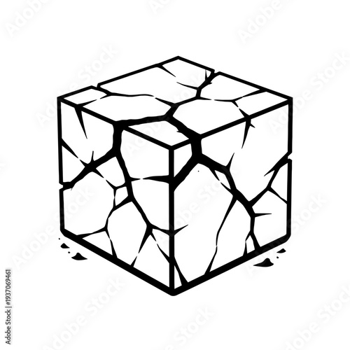 Abstract Black and White Cracked Cube Vector Art Illustration with Geometric Design and Fractured Texture, Ideal for Gaming Assets, UI/UX Elements, Digital Graphics, Logo Creation, and Educational Res