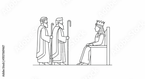 Scene from the Bible with Moses and leaders before king in Old Testament setting. Old Testament scene features Moses speaking with leaders presenting their case to the king.