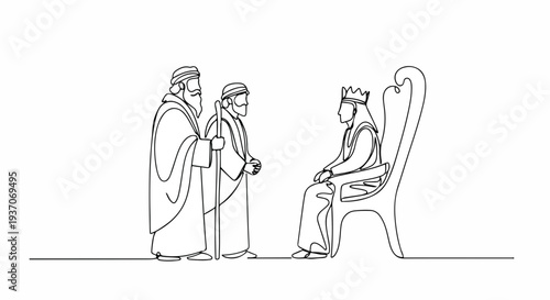 Scene from the Bible with Moses speaking to queen on throne. Old Testament representation showing important biblical dialogue with Moses and queen interacting in ancient setting.