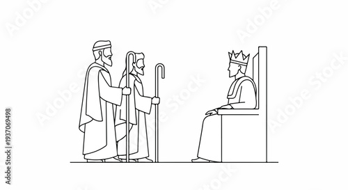 Scene from the Bible with Moses and leaders before king. Old Testament narrative illustrates Moses engaging with leaders in dialogue and seeking guidance.