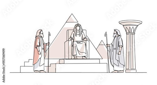 Scene from Bible with Moses and Pharaoh in ancient setting featuring pyramids and columns. Iconic story from Old Testament depicts confrontation and challenges.