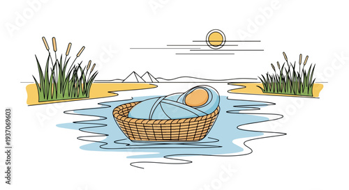 Scene from the Bible featuring Moses in basket floating on water surrounded by reeds and sunlight. Scene from the Bible highlights Moses in historic context on river.