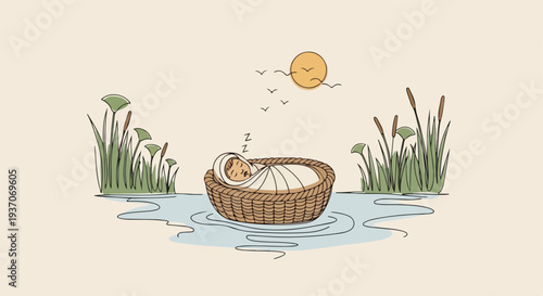 Scene from the Bible with baby Moses in basket on water surrounded by reeds, warm sun shining above. Old Testament image depicts baby Moses peacefully resting in a basket on river.
