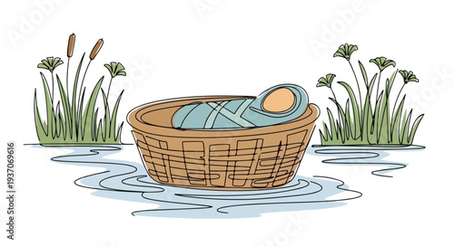 Scene from the Bible with basket holding baby in water surrounded by tall reeds and grass. Old Testament story featuring baby in basket on river symbolizes hope and faith.