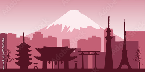 Tokyo skyline silhouette with Mount Fuji, Japan travel illustration