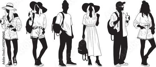 Group of people in casual attire standing together, interacting with various objects, from a straightforward viewpoint