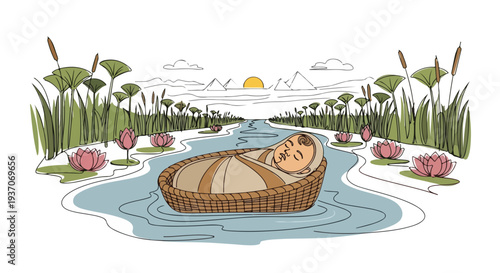 Scene from the Bible with Moses in basket drifting on river surrounded by flowers and reeds. This depiction of Moses from the Old Testament shows the serene moment of his placement in water.