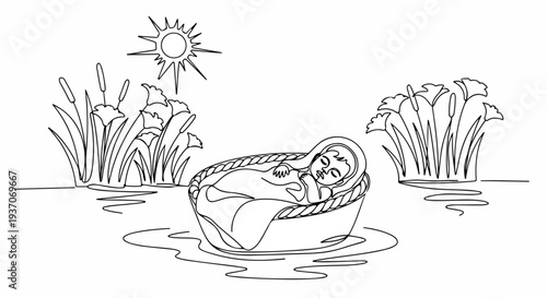 Scene from the Bible featuring Moses in basket on river with surrounding plants and sun. Old Testament depiction includes serene water scene, lush greenery, and baby Moses resting peacefully.