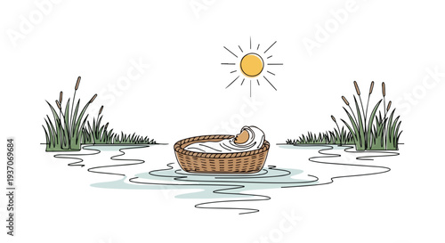 Scene from the Bible depicting Moses in basket floating on water among reeds with sunlight illuminating peaceful surroundings. Ancient story illustrated with symbolism of hope and deliverance,