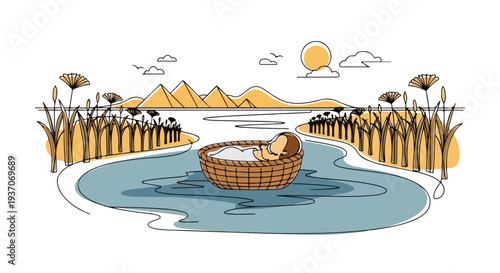 Scene from the Bible with Moses in basket floating on water among reeds and mountains. Old Testament depiction shows Moses in tranquil river, surrounded by nature and lush greenery.