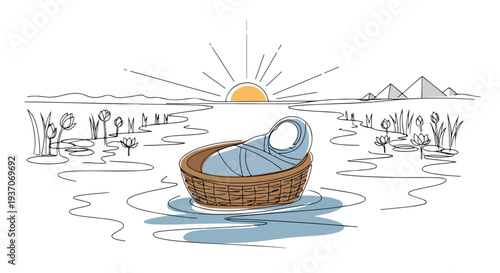 Scene from the Bible depicting Moses in basket on river at sunrise with pyramids in background. Old Testament illustration captures peaceful moment with Moses in woven basket floating on serene water.
