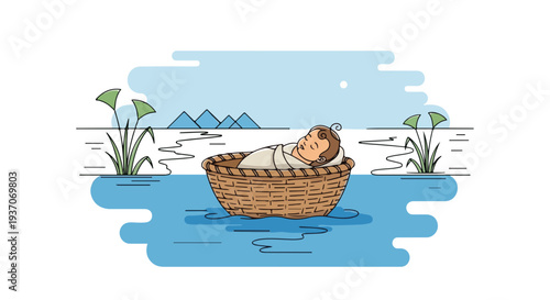 Scene from the Bible depicting Moses in basket on river among plants and mountains. Old Testament story showcases baby Moses safely placed in woven basket floating in water.