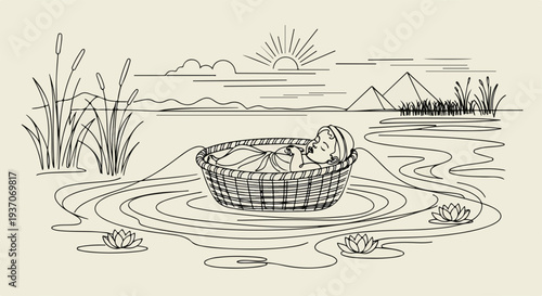 Scene from the Bible depicting Moses in basket floating on river surrounded by reeds and water lilies. Old Testament narrative illustrated with pyramids and sun in background,