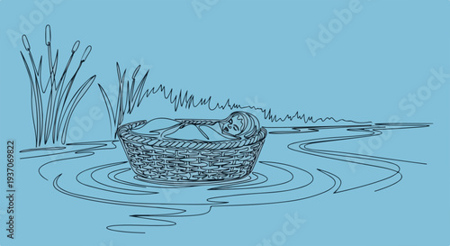 Illustration of Moses in basket floating on the water with surrounding reeds and grass detail. Scene from the Bible captures Moses in serene environment. Concept of biblical storytelling and heritage.