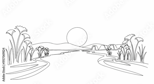 Serene landscape with river, sun setting, and lush vegetation in the background creating a tranquil environment. Scenic river view showcases peaceful surroundings with vegetation framing the water.