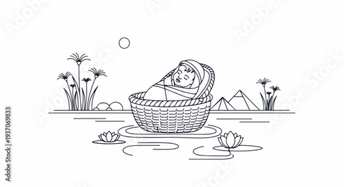 Scene from the Bible with baby in basket floating on water amidst flora and mountains. Old Testament scene illustrates story of Moses, conveying themes of hope and protection.