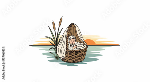 Scene from the Bible with Moses in a basket on water surrounded by reeds and sunset. Old Testament depiction shows Moses resting in basket, symbolizing hope and divine protection.