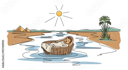 Scene from the bible depicting Moses in a basket floating on river with sun shining, ancient pyramids in background, and palm tree nearby.