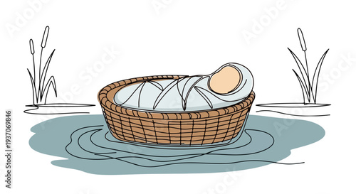 Scene from the Bible depicting Moses in a woven basket on water surrounded by soft greenery. Old Testament story captures the essence of faith and protection,