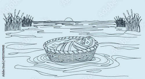 Scene from the Bible with Moses in basket floating on water, surrounded by reeds and tranquil landscape. Old Testament depiction captures moment of Moses in basket as he begins his journey.