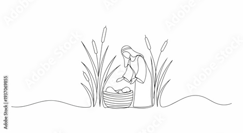 Scene from the Bible with Moses discovered in basket among tall grasses. Old Testament features Moses as a child cared for by a woman in a natural setting. Concept highlights biblical story of Moses.