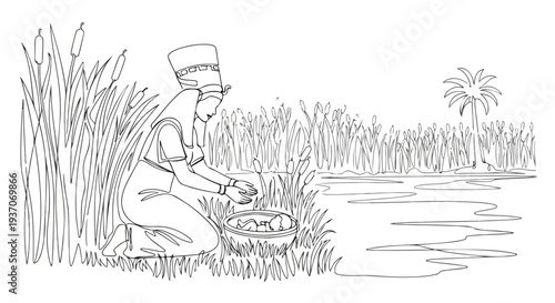 Scene from the Bible with Moses found in river by woman near reeds. Woman dressed in ancient clothing discovers Moses in basket by the water.
