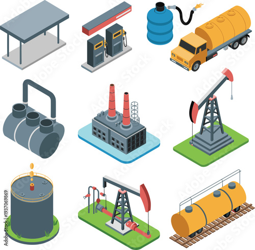 Isometric oil and gas industry vector illustration with refinery plant, fuel station, tanker truck, storage tanks and pumpjack