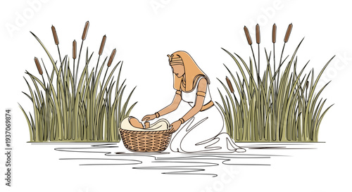 Scene from the Bible showing Moses in basket lifted from water by woman among tall grasses. Old Testament depiction includes flowing river and lush scenery.
