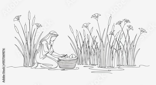 Scene from the Bible with Moses in basket by waterside among reeds and tall grass. Old Testament illustration shows figure gently tending to basket in peaceful natural setting.