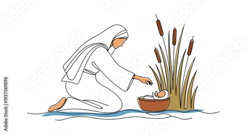 Scene from the Bible with Moses in basket among reeds. Old Testament depiction of Moses being found as infant in basket by caregiver kneeling in water.