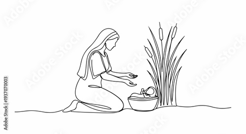 Scene from the Bible with Moses being discovered in basket by woman in reeds. Old Testament moment captures tender interaction as woman reaches toward Moses in water by lush grass.
