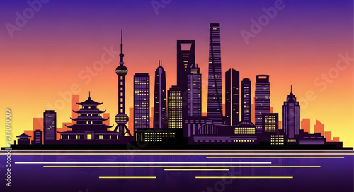 Silhouette of Modern City Skyline at Sunset.