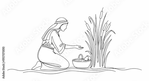 Woman by river gathering reeds with basket for scene from the Bible. This scene from the Old Testament illustrates Moses' story with soft lines depicting the tranquil environment and symbolic nature.
