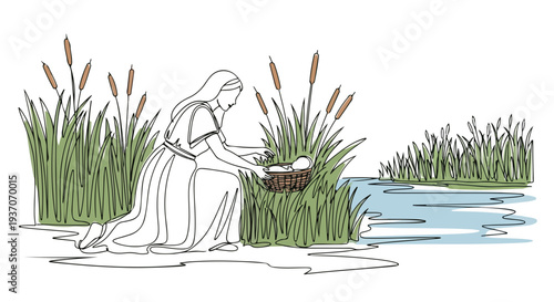 Scene from the Bible showing Moses in basket on riverbank among lush grass and reeds. Old Testament narrative features woman gently placing basket in water, representing faith and hope for Moses.